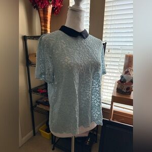 Zara Light Blue Lace Blouse with Black Collar